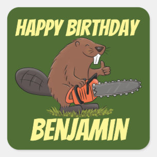 Beaver with chainsaw funny cartoon illustration sq square sticker