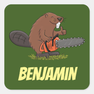 Beaver with chainsaw funny cartoon illustration square sticker