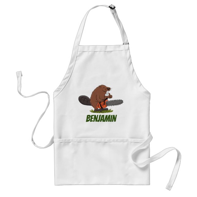 Beaver with chainsaw funny cartoon illustration standard apron (Front)