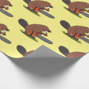 Beaver with chainsaw funny cartoon illustration wrapping paper