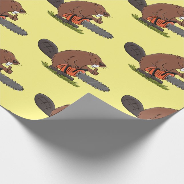 Beaver with chainsaw funny cartoon illustration wrapping paper (Corner)