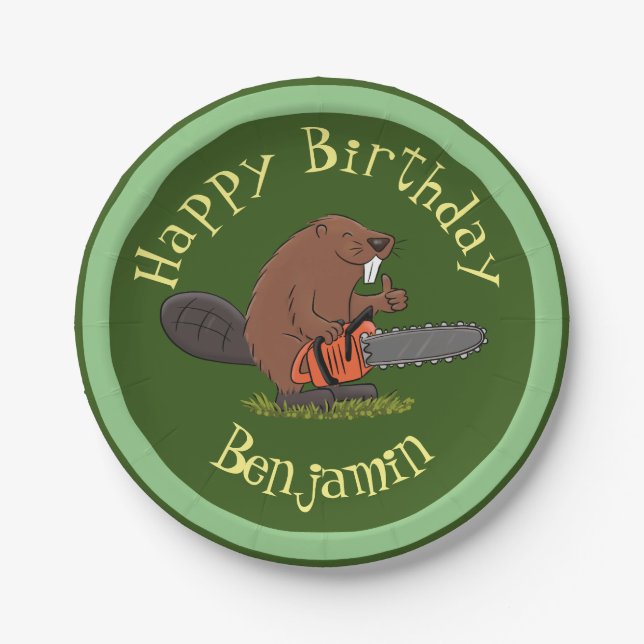 Beaver with chainsaw funny personalised birthday paper plate (Front)