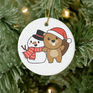 Beaver With Snowman In Winter At Christmas Ceramic Ceramic Ornament