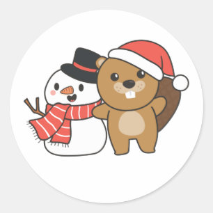 Beaver With Snowman In Winter At Christmas Classic Round Sticker