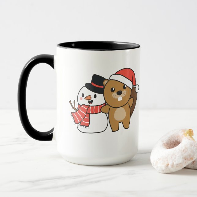Beaver With Snowman In Winter At Christmas Mug (With Donut)