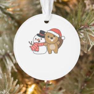Beaver With Snowman In Winter At Christmas Ornament