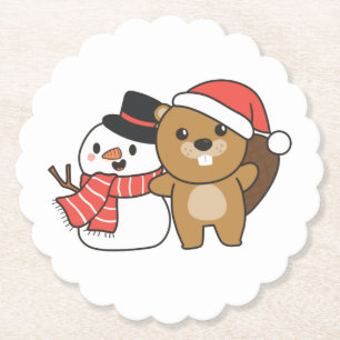 Beaver With Snowman In Winter At Christmas Paper Coaster