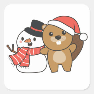 Beaver With Snowman In Winter At Christmas Square  Sticker