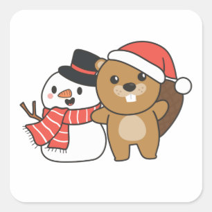 Beaver With Snowman In Winter At Christmas Square Sticker