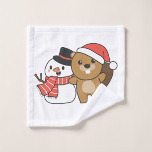 Beaver With Snowman In Winter At Christmas Wash Cloth