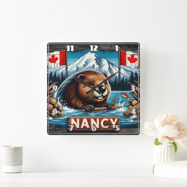 Beaver With Stick by Canadian Flags Square Wall Clock (Home)