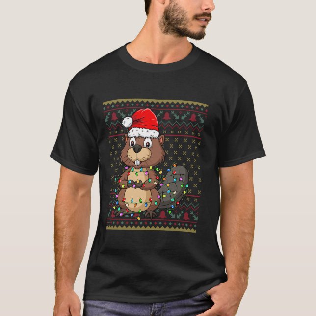 Beaver Xmas Lights Santa Hat Beaver Christmas Ugly T-Shirt (Front)