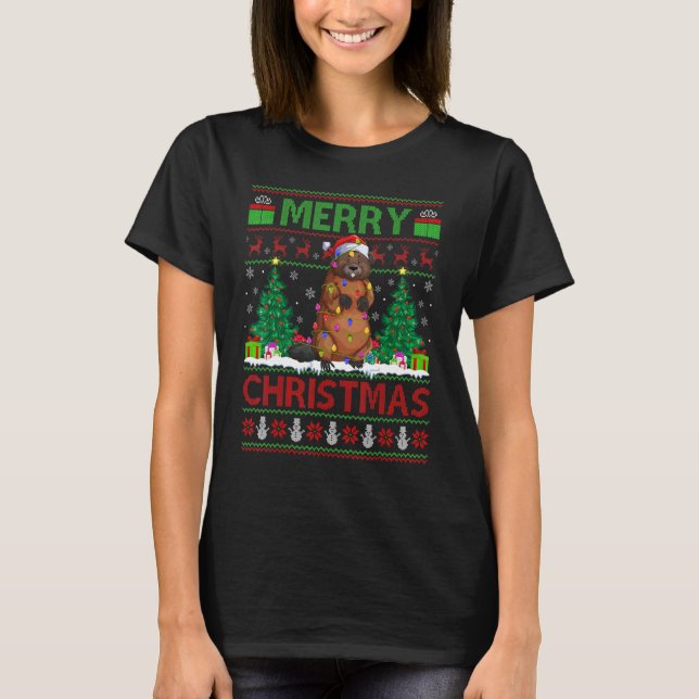 Beaver  Xmas Tree Lights Ugly Santa Beaver Christm T-Shirt (Front)