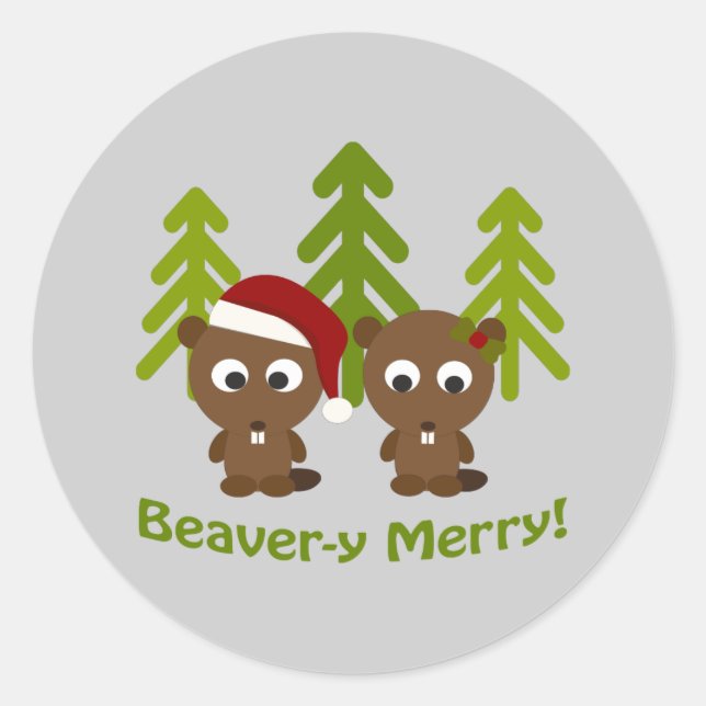 Beaver-y Merry! Christmas Beavers Classic Round Sticker (Front)