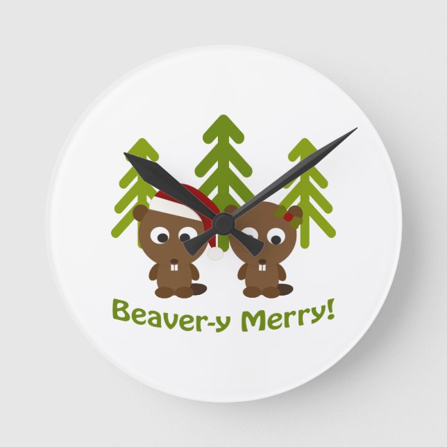 Beaver-y Merry! Christmas Beavers Round Clock (Front)