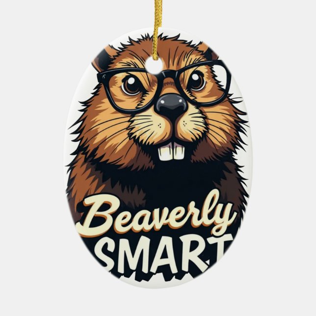 Beaverly Smart – Funny Beaver with Glasses Graphic Ceramic Ornament (Front)