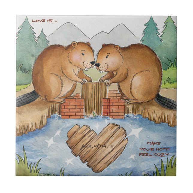 Beavers in Love Ceramic Tile (Front)