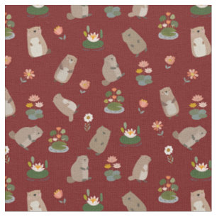 Beavers & Lily Pads on Dark Red Fabric