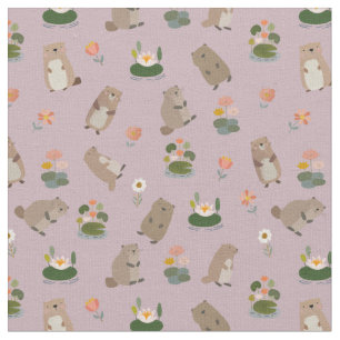 Beavers & Lily Pads on Pastel Grey-Pink Fabric