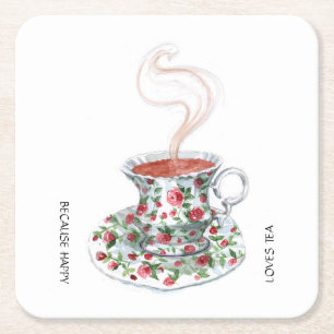 Because happy loves tea slogan, vintage cup roses square paper coaster