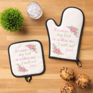 “Because My God Is Within Me" (white) Oven Mitt & Pot Holder Set