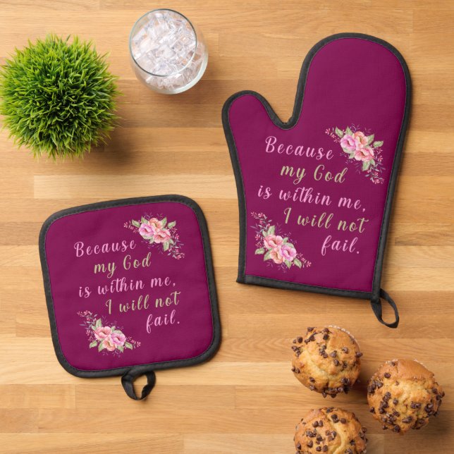 “Because My God Is Within Me" (wine) Oven Mitt & Pot Holder Set (Top Down)