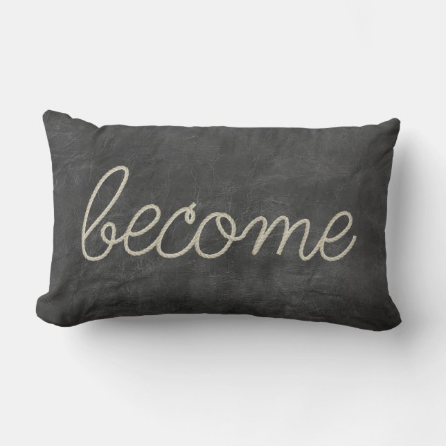 BECOME Rope Text on Black Worn Leather Lumbar Cushion (Front)