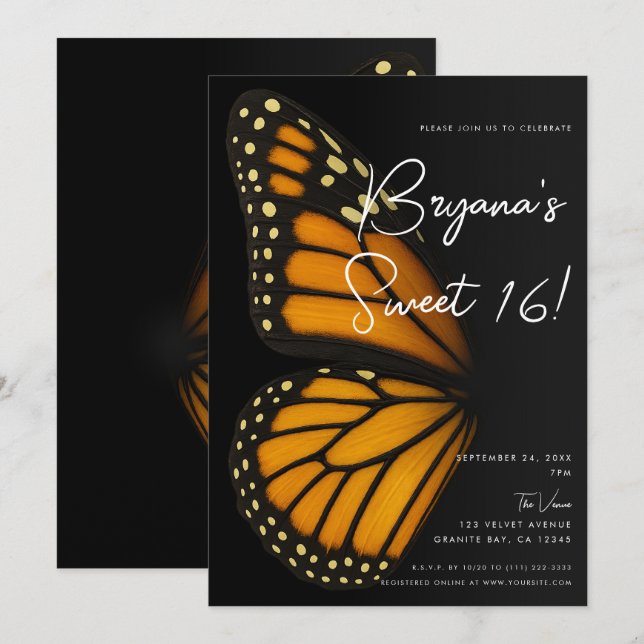 Becoming Mariposa Monarch Butterfly Sweet 16 Invitation (Front/Back)