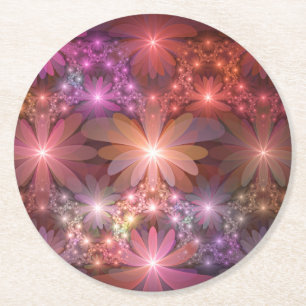 Bed Of Flowers Colorful Shiny Abstract Fractal Art Round Paper Coaster