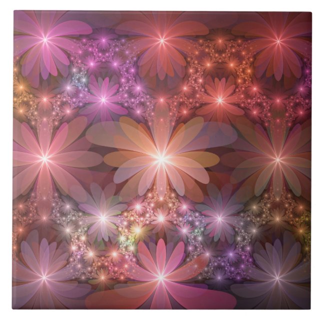 Bed Of Flowers Colourful Shiny Abstract Fractal Ar Ceramic Tile (Front)