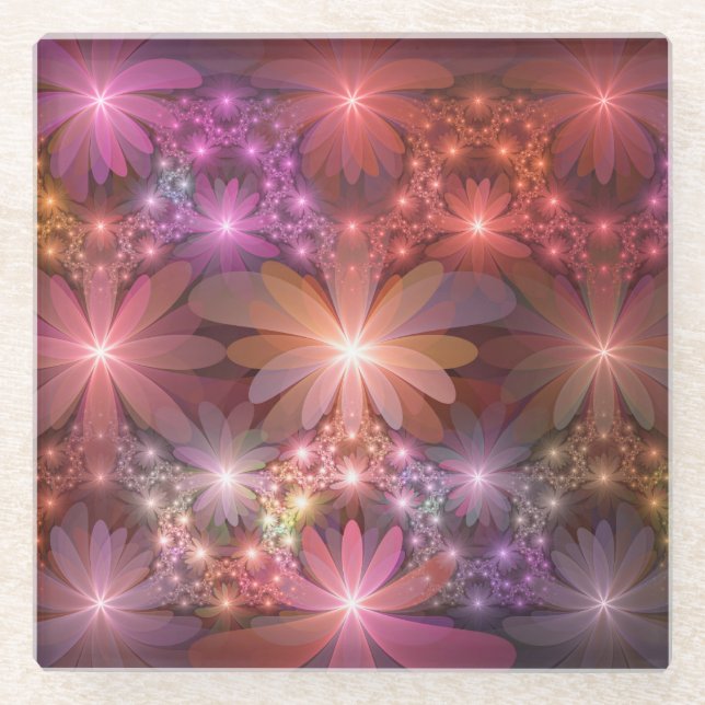 Bed Of Flowers Colourful Shiny Abstract Fractal Ar Glass Coaster (Front)