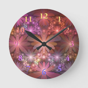 Bed Of Flowers Colourful Shiny Abstract Fractal Ar Round Clock