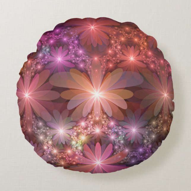 Bed Of Flowers Colourful Shiny Abstract Fractal Ar Round Cushion (Front)