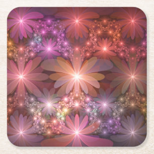 Bed Of Flowers Colourful Shiny Abstract Fractal Ar Square Paper Coaster