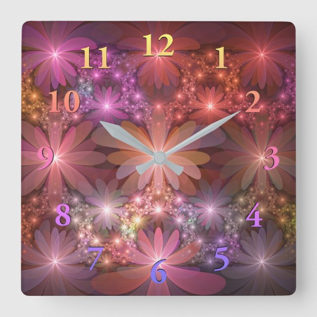 Bed Of Flowers Colourful Shiny Abstract Fractal Ar Square Wall Clock (Front)
