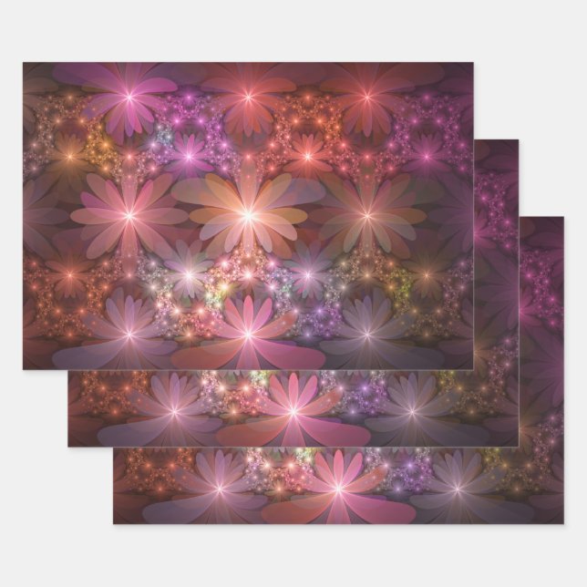 Bed Of Flowers Colourful Shiny Abstract Fractal Ar Wrapping Paper Sheet (Set)