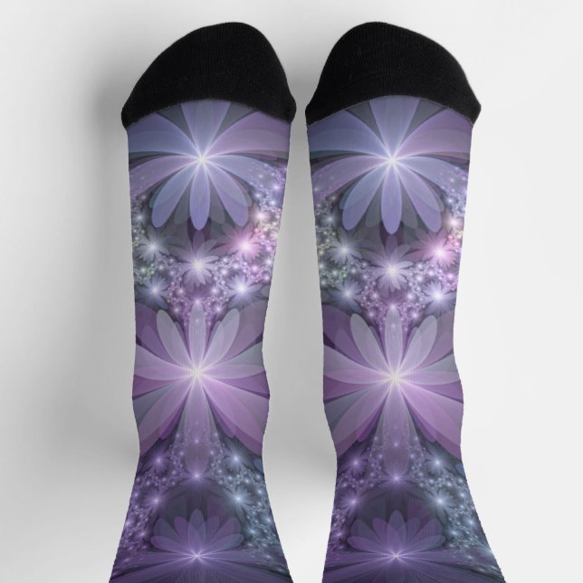 Bed of Flowers Trendy Shiny Abstract Fractal Art Socks (Top)