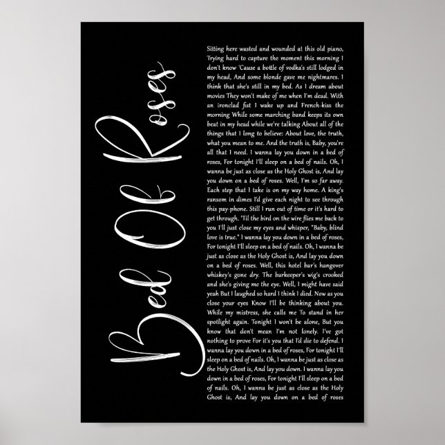 Bed Of Roses Black Script Song Lyric Print (Front)