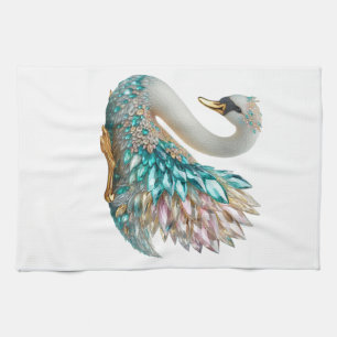Bedazzled Diamond Swan Gold Crystal Bling Tea Towel