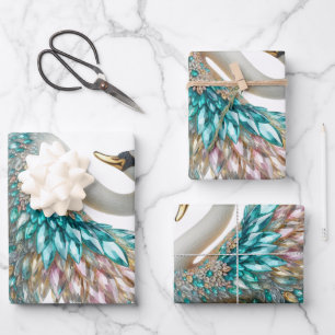 Bedazzled Diamond Swan Gold Crystal Bling Wrapping Paper Sheet