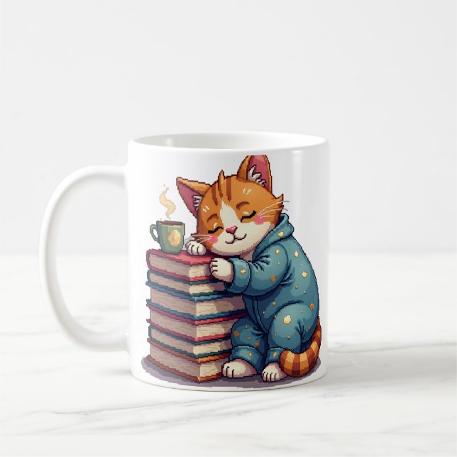 Bedazzled Tired Cat Pixel Art Retro Gaming Nostalg Coffee Mug (Left)
