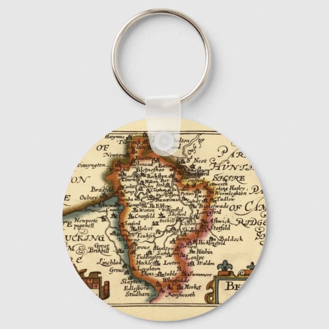 Bedfordshire County England Old Antiquarian Map Key Ring (Front)