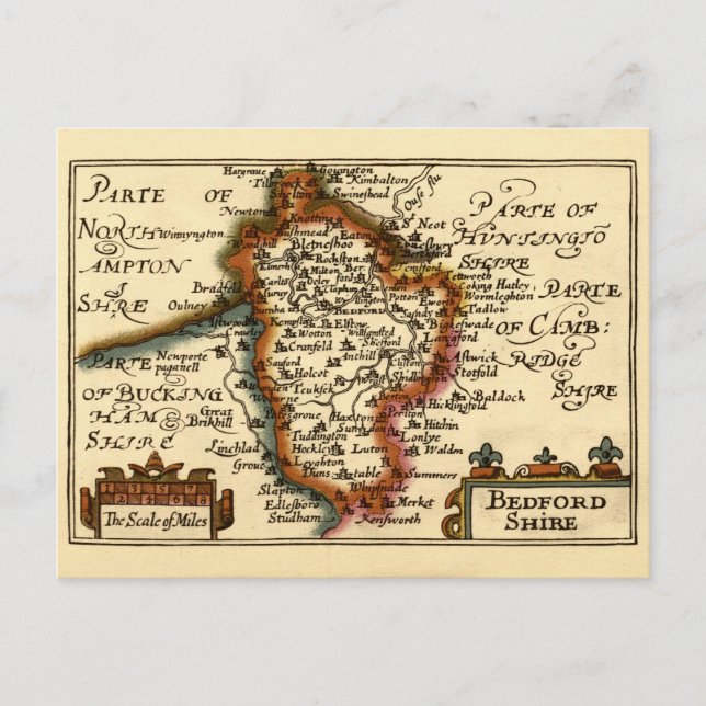 Bedfordshire County England Old Antiquarian Map Postcard (Front)