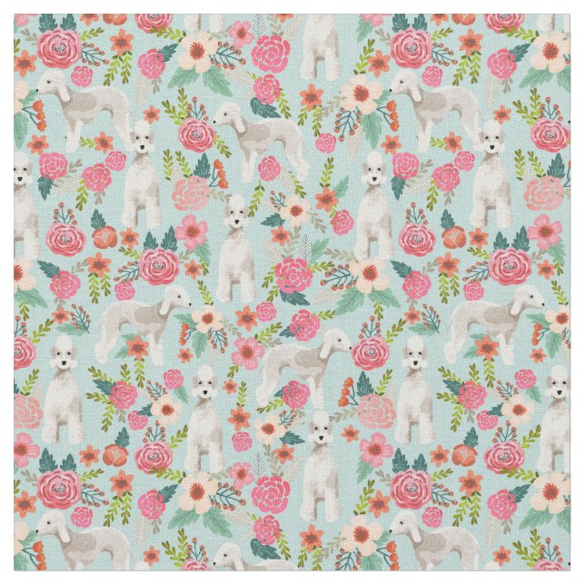 Bedlington Terrier dog vintage florals mint Fabric (Close Up)