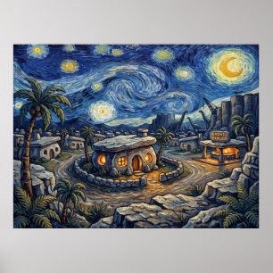 Bedrock Starry Night Prehistoric Landscape Poster