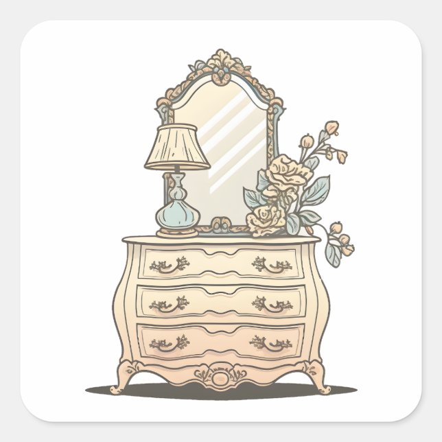 Bedroom Dresser With Old Lamp And Flowers Square Sticker (Front)