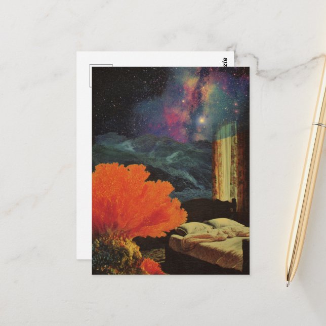 Bedroom under the Sea Surreal Mixed media collage Postcard (Front/Back In Situ)