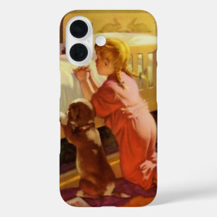 Bedtime Prayers, Girl with Puppy, Vintage Religion iPhone 16 Case