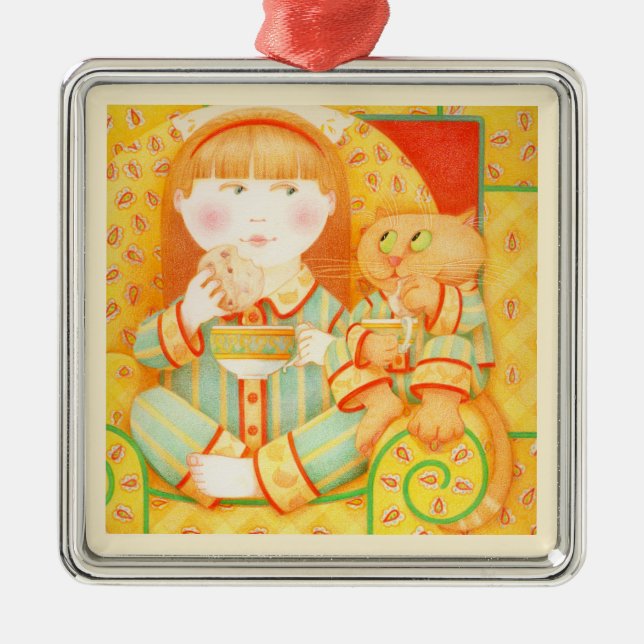 BEDTIME SNACK Premium Square Ornament / Cream (Front)