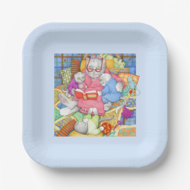 BEDTIME STORY 7" Square Paper Plates - Blue (Front)